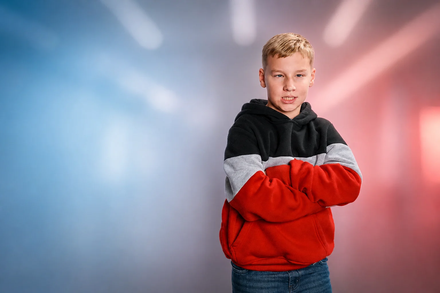 Phillip vor einem blau-roten Hintergrund